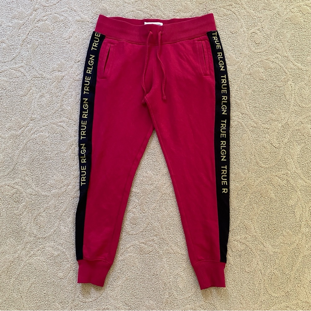 True Religion Red Black Logo Sweat Pant Joggers Size Large Cropped Tapered Y2K